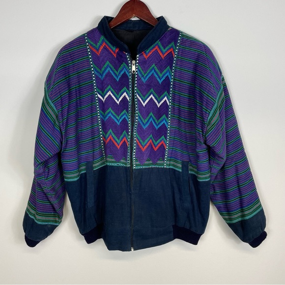 Vintage Multicolor Unisex Guatemalan Purple, Blue, and Green Bomber Style Jacket - Picture 16 of 16